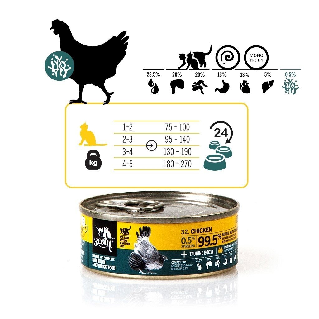 3COTY konservai kačiukams ir žindančioms katėms su vištiena ir spirulina, 80 g 2