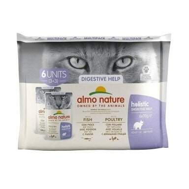ALMO NATURE Virškinimo kačių ėdalas su paukštiena ir žuvimi, kelių pakuočių pakuotė, 6 x 70 g