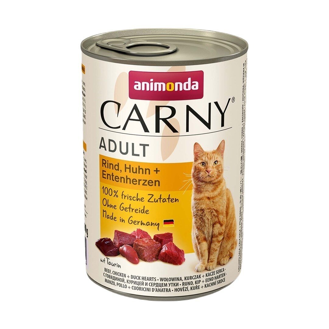 ANIMONDA Carny Adult veiseliha, kana ja pardisüdamed – märg kassitoit, 400 g