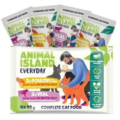 ANIMAL ISLAND Everyday – šlapias kačių ėdalas su veršiena ir paukštiena bei kepenėlėmis – 4 x 85 g