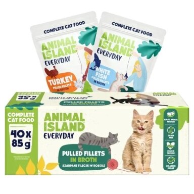 ANIMAL ISLAND kasdien kalakutienos ir baltos žuvies filė sultinyje - šlapias kačių ėdalas - 40 x 85 g