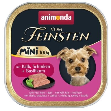ANIMONDA Vom Feinsten Adult Mini Veal, Ham and Basil – šlapias mažų veislių šunų maistas su veršiena, kumpiu ir baziliku, 100 g