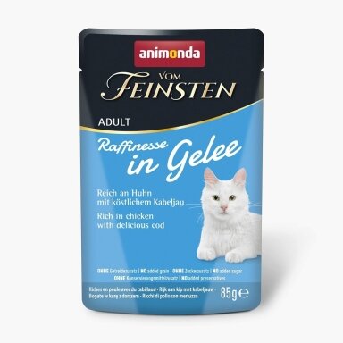 ANIMONDA Vom Feinsten Raffinesse želėje su vištiena ir menke – šlapias kačių maistas, 85 g
