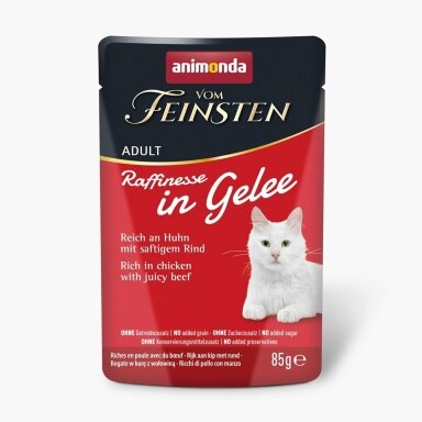 ANIMONDA Vom Feinsten suaugusioms katėms skirtas ėdalas Raffinesse drebučiuose, gausus vištienos ir jautienos – šlapias ėdalas katėms – 85 g