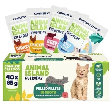 ANIMAL ISLAND Jautienos, vištienos, kalakutienos ir baltos žuvies filė sultinyje – šlapias kačių ėdalas – 40 x 85 g ANIMAL ISLAND Jautienos, vištienos, kalakutienos ir baltos žuvies filė sultinyje – šlapias kačių ėdalas – 40 x 85 g