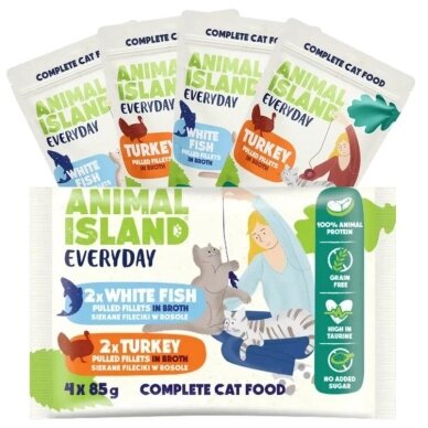 ANIMAL ISLAND kasdien kalakutienos ir baltos žuvies filė sultinyje - šlapias kačių ėdalas - 4 x 85 g ANIMAL ISLAND kasdien kalakutienos ir baltos žuvies filė sultinyje - šlapias kačių ėdalas - 4 x 85 g