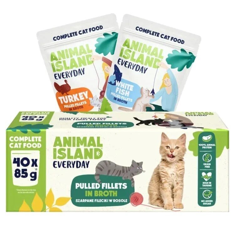 ANIMAL ISLAND kasdien kalakutienos ir baltos žuvies filė sultinyje - šlapias kačių ėdalas - 40 x 85 g ANIMAL ISLAND kasdien kalakutienos ir baltos žuvies filė sultinyje - šlapias kačių ėdalas - 40 x 85 g