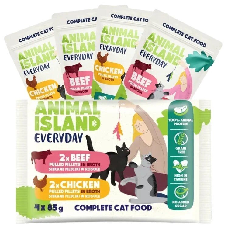ANIMAL ISLAND Kasdieninis vištienos ir jautienos filė sultinyje - šlapias kačių ėdalas - 4 x 85 g