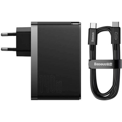 „Baseus GaN5 Pro“ įkroviklis 2xUSB-C, USB-A 140W + USB-C laidas, juodas