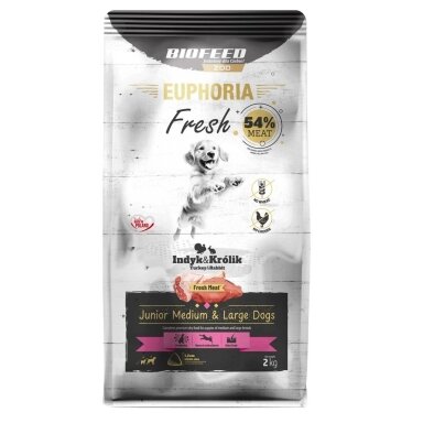 BIOFEED Euphoria Junior sausas šunų ėdalas vidutiniams ir dideliems šunims su kalakutiena ir triušiena, 2 kg
