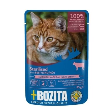 BOZITA sterilizuoti jautienos drebučiai – šlapias kačių ėdalas – 85 g