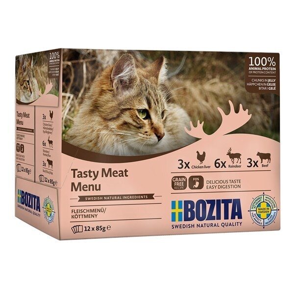 BOZITA Skanus mėsos meniu Multibox skonio mišinys drebučiuose - šlapias kačių ėdalas - 12 x 85 g BOZITA Skanus mėsos meniu Multibox skonio mišinys drebučiuose - šlapias kačių ėdalas - 12 x 85 g