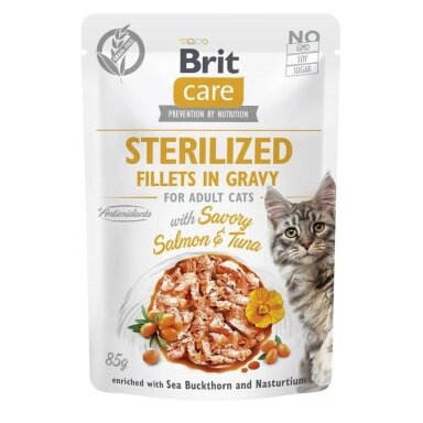 BRIT Care kačių ėdalas su sterilizuota lašiša ir tunu, maišelis, 85 g