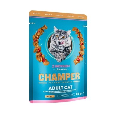 CHAMPER šlapias kačių maistas su kalakutiena ir spanguolėmis, 85 g