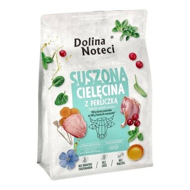 DOLINA NOTECI Premium mažų veislių šunims skirtas veršienos ir perlinių vištų sausas ėdalas – 3 kg