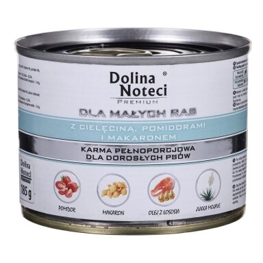 DOLINA NOTECI Premium su veršiena, pomidorais ir makaronais - šlapias šunų ėdalas suaugusiems mažų veislių šunims - 185 g
