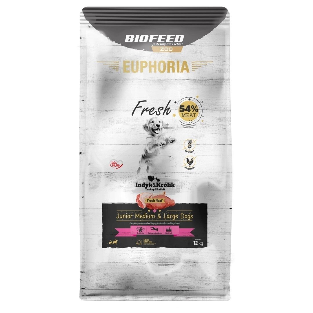EUPHORIA Fresh Junior sausas šunų ėdalas vidutiniams ir dideliems šunims su kalakutiena ir triušiena, 12 kg EUPHORIA Fresh Junior sausas šunų ėdalas vidutiniams ir dideliems šunims su kalakutiena ir triušiena, 12 kg