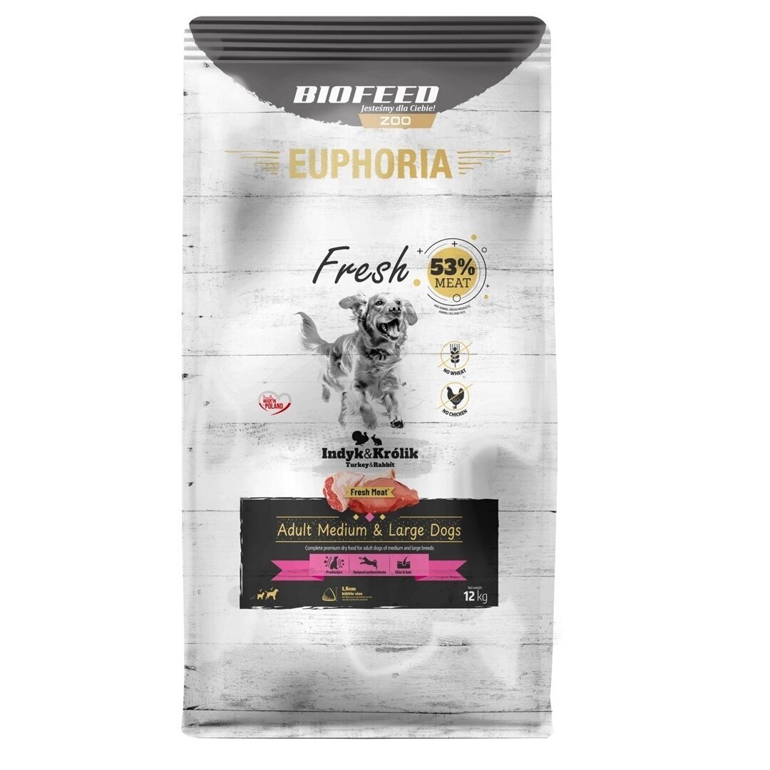 EUPHORIA šviežias sausas šunų ėdalas vidutinio ir didelio dydžio suaugusiems šunims su kalakutiena ir triušiena, 12 kg EUPHORIA šviežias sausas šunų ėdalas vidutinio ir didelio dydžio suaugusiems šunims su kalakutiena ir triušiena, 12 kg