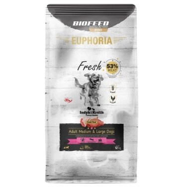 EUPHORIA šviežias sausas šunų ėdalas vidutinio ir didelio dydžio suaugusiems šunims su kalakutiena ir triušiena, 12 kg