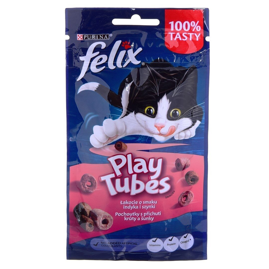 FELIX Play Tubes sausas kačių ėdalas su kalakutiena ir kumpiu, 50 g