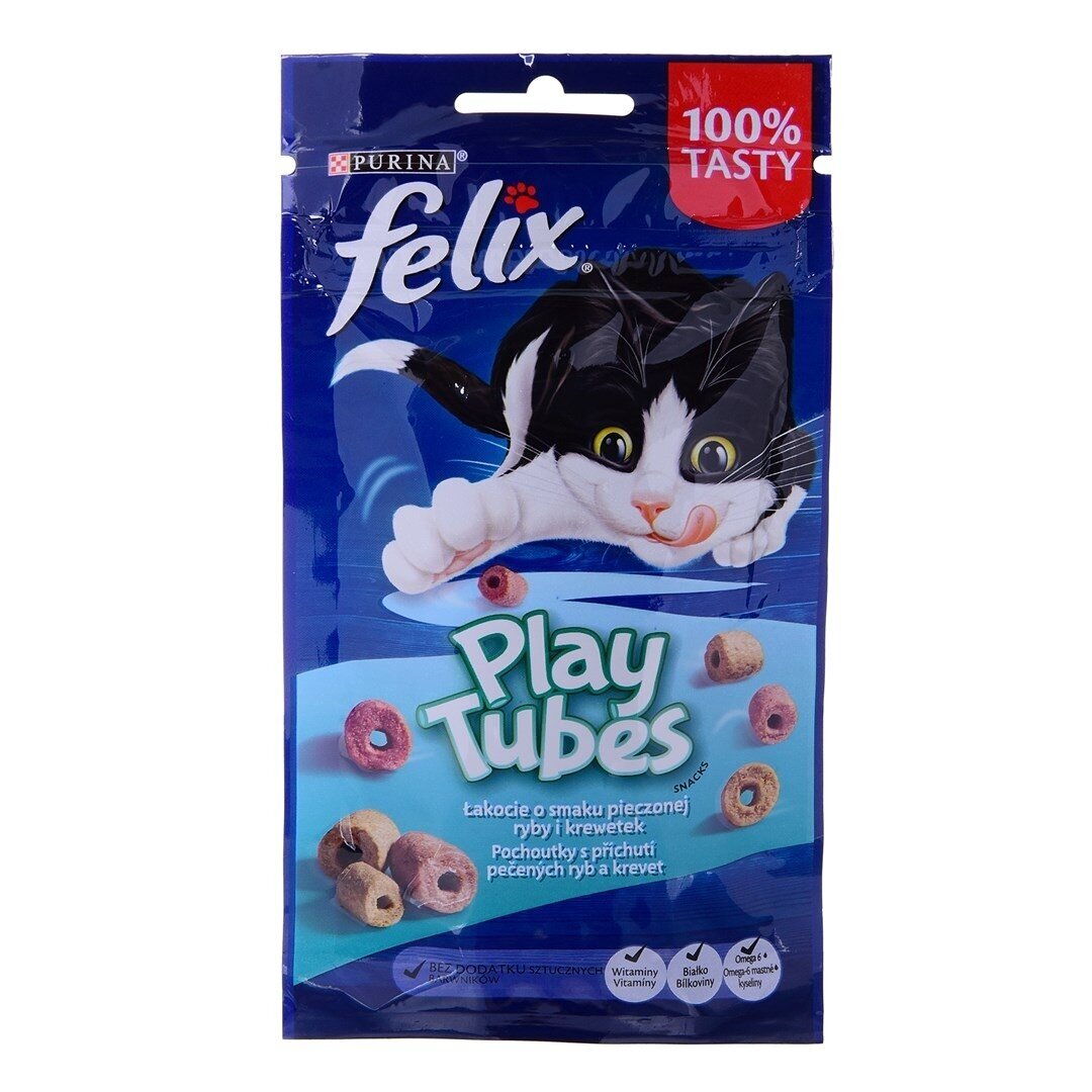 FELIX Play Tubes sausas kačių ėdalas su žuvimis ir krevetėmis, 50 g