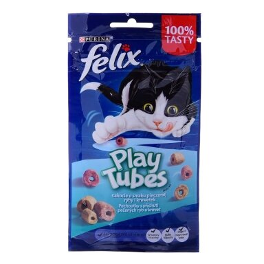 FELIX Play Tubes sausas kačių ėdalas su žuvimis ir krevetėmis, 50 g