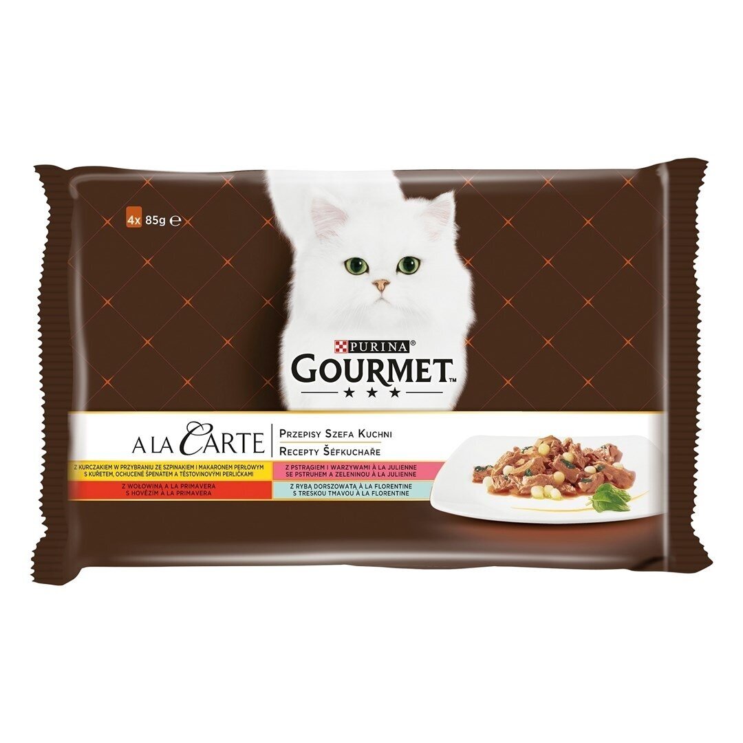 GOURMET A la Carte vištienos, upėtakio, jautienos ir žuvies šlapias kačių ėdalas - 4 x 85 g GOURMET A la Carte vištienos, upėtakio, jautienos ir žuvies šlapias kačių ėdalas - 4 x 85 g
