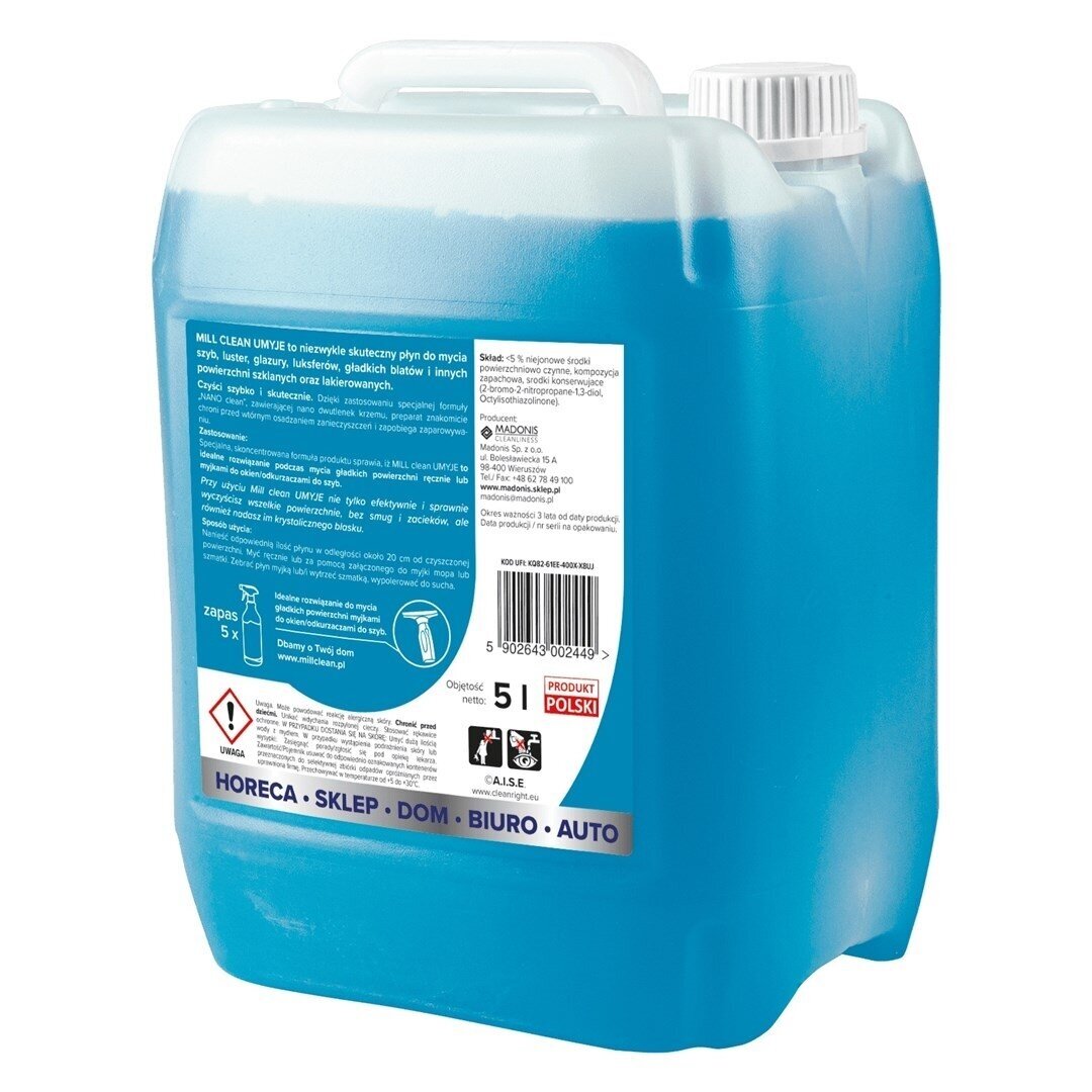 MILL CLEAN CLEANS 5 litrai. Skystas valiklis langams, veidrodžiams, plytelėms ir stalviršiams 1 MILL CLEAN CLEANS 5 litrai. Skystas valiklis langams, veidrodžiams, plytelėms ir stalviršiams 1