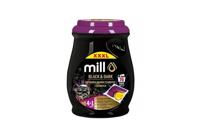 MILL PROFESSIONAL 2-kammioiset pyykkikapselit mustalle ja tummalle pyykille, 70 kpl