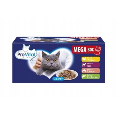 PREVITAL Mega dėžė: šlapias kačių ėdalas su veršiena, lašiša, kepenėlėmis ir vištiena – 40 x 100 g