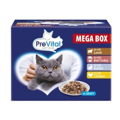 PREVITAL šlapias kačių ėdalas Megabox su ėriena, jautiena, triušiena ir vištiena padaže – 24 x 100 g