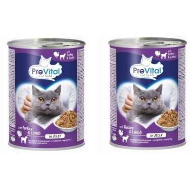 PREVITAL šlapias kačių ėdalas su kalakutiena ir ėriena drebučiuose – 2 x 415 g