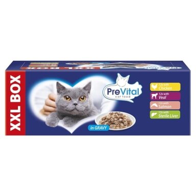 PREVITAL XXL dėžė: šlapias kačių ėdalas su vištiena, veršiena, lašiša ir kepenėlėmis padaže – 48 x 100 g