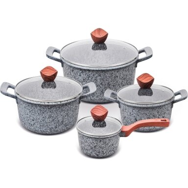 PROMIS puodų rinkinys GRANITE, puodas 16 cm, puodai 20, 24, 28 rudos rankenos
