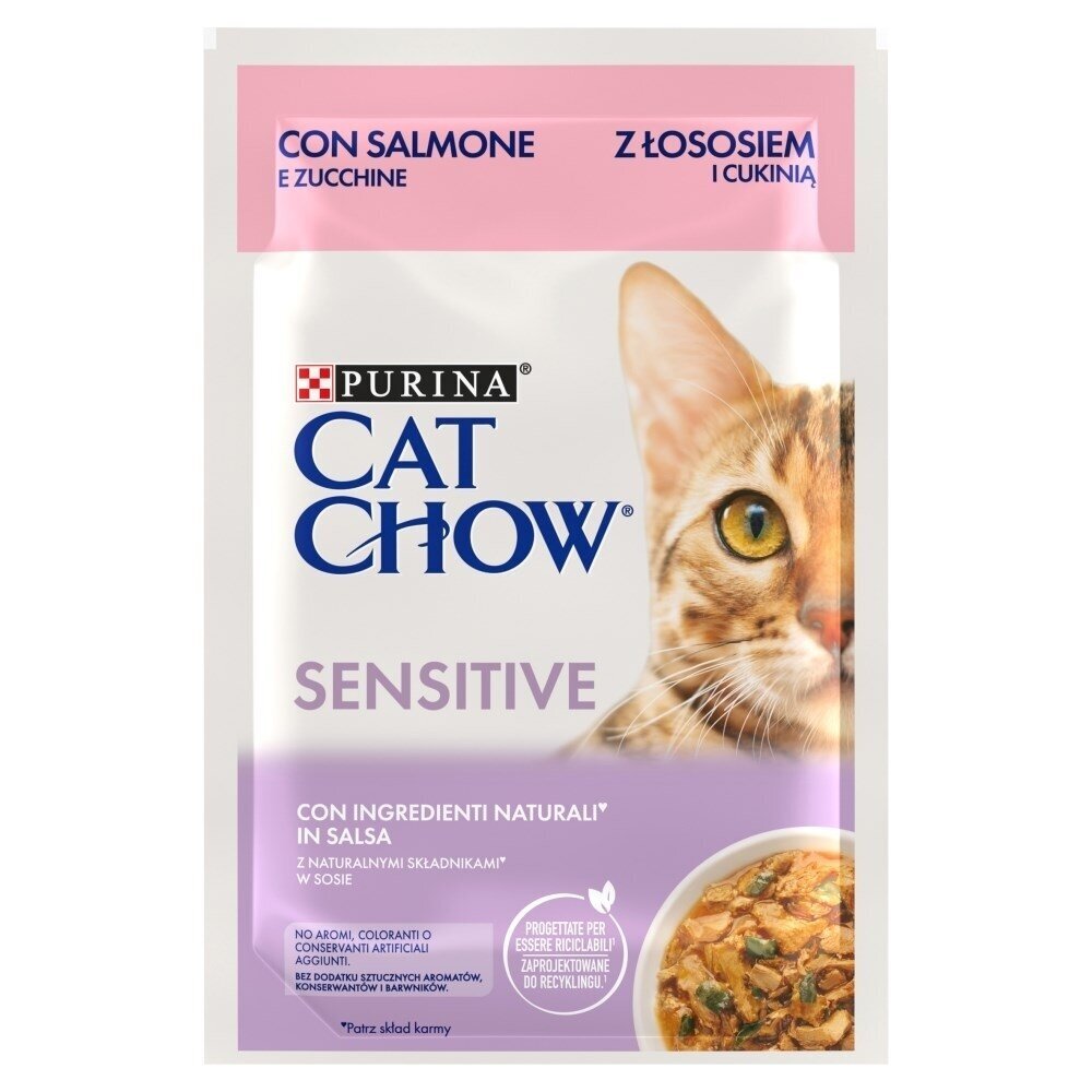 Purina Cat Chow Sensitive Gig su lašiša ir cukinijomis padaže - Šlapias katėms skirtas ėdalas - 85 g