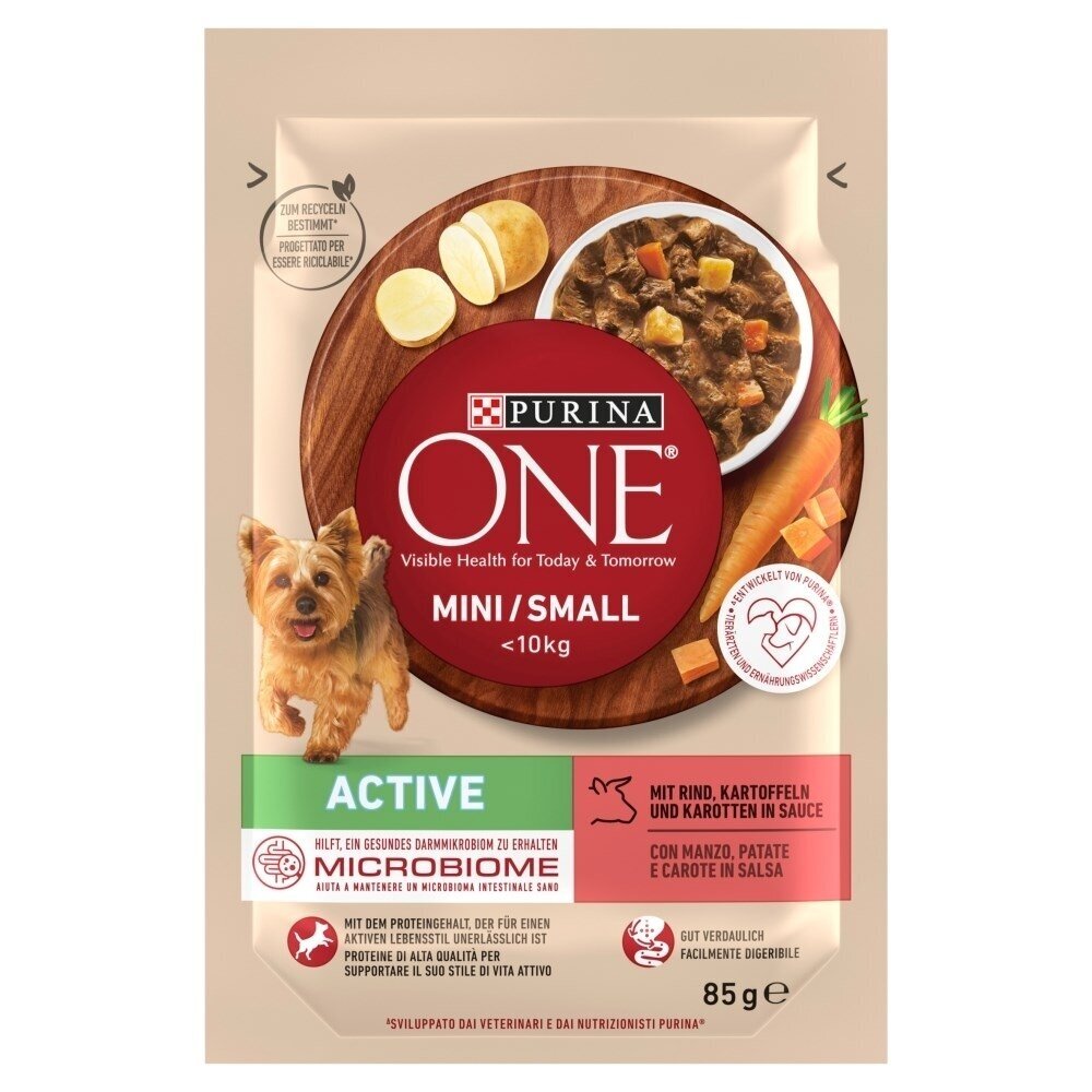 PURINA One Mini/Small Active Beef - šlapias šunų ėdalas - 85 g