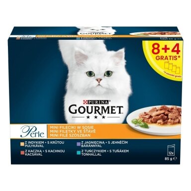 PURINA Gourmet Perle Duck, turkey, lamb, tuna – šlapias kačių maistas – 12x85 g