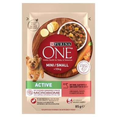 PURINA One Mini/Small Active Beef - šlapias šunų ėdalas - 85 g