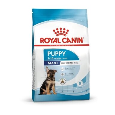 „Royal Canin Maxi Puppy“ 15 kg – ryžių ir daržovių skonio sausas maistas.