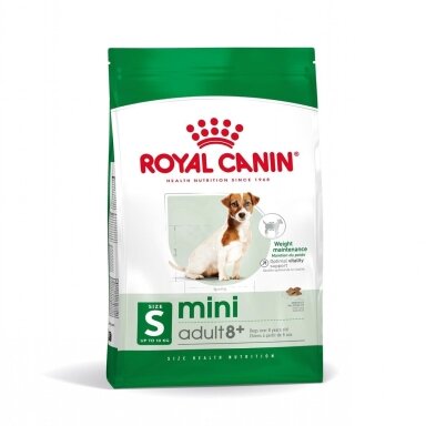 „Royal Canin Mini Adult 8+“ 8 kg sausas sausas maistas senjorams, paukštienai, ryžiams ir daržovėms.