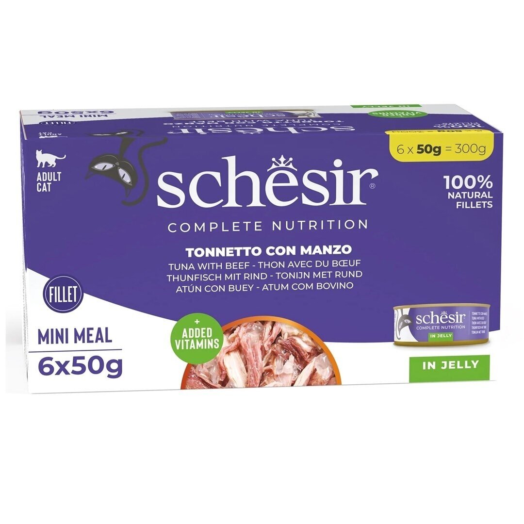 SCHESIR drebučiuose tunas su jautiena - šlapias kačių ėdalas - 6 x 50 g SCHESIR drebučiuose tunas su jautiena - šlapias kačių ėdalas - 6 x 50 g