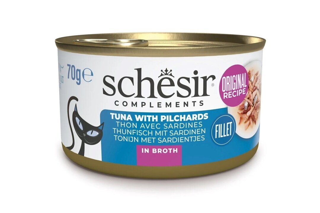 SCHESIR comida para gatos de atum e sardinha em caldo, 70 g