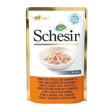 SCHESIR drebučiuose tunas, vištiena ir krevetės - šlapias kačių ėdalas - 50 g