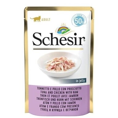 SCHESIR drebučiuose tunas, vištiena ir kumpis - šlapias kačių ėdalas - 50 g
