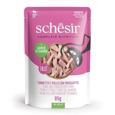 SCHESIR drebučiuose tunas, vištiena ir kumpis - šlapias kačių ėdalas - 85 g
