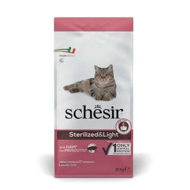 SCHESIR Sterilized & Light sausas kačių ėdalas suaugusioms katėms su kumpiu, 10 kg