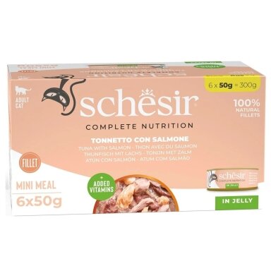 SCHESIR tunas su lašiša drebučiuose - šlapias kačių ėdalas - 6 x 50 g