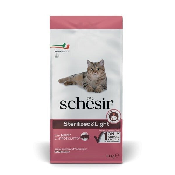 SCHESIR Sterilized & Light sausas kačių ėdalas suaugusioms katėms su kumpiu, 10 kg