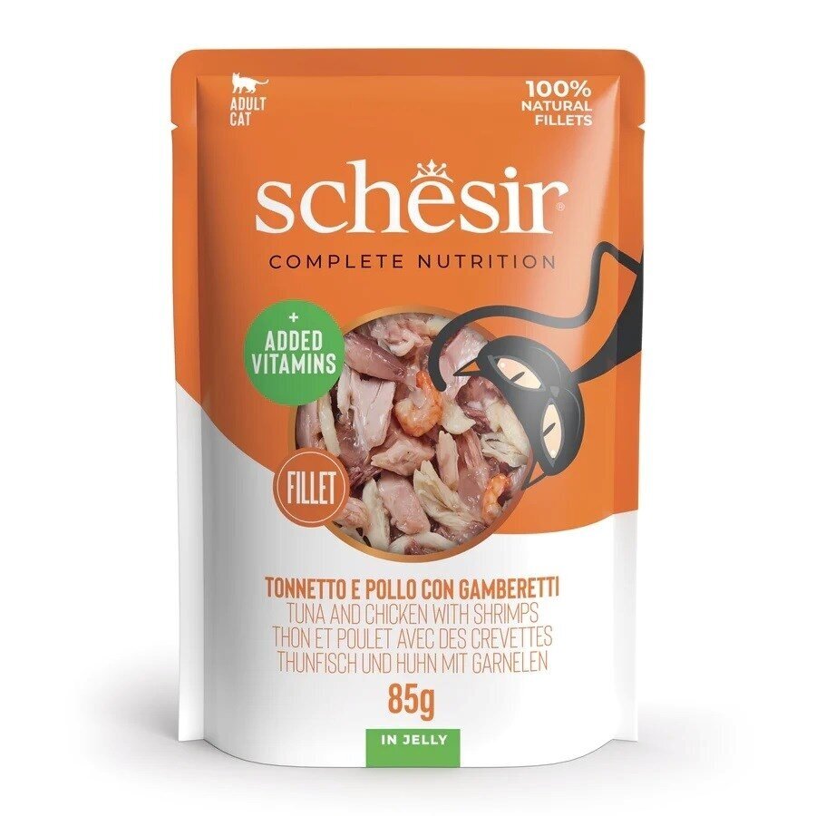 SCHESIR Tunas, vištiena ir krevetės drebučiuose – šlapias kačių ėdalas – 85 g SCHESIR Tunas, vištiena ir krevetės drebučiuose – šlapias kačių ėdalas – 85 g