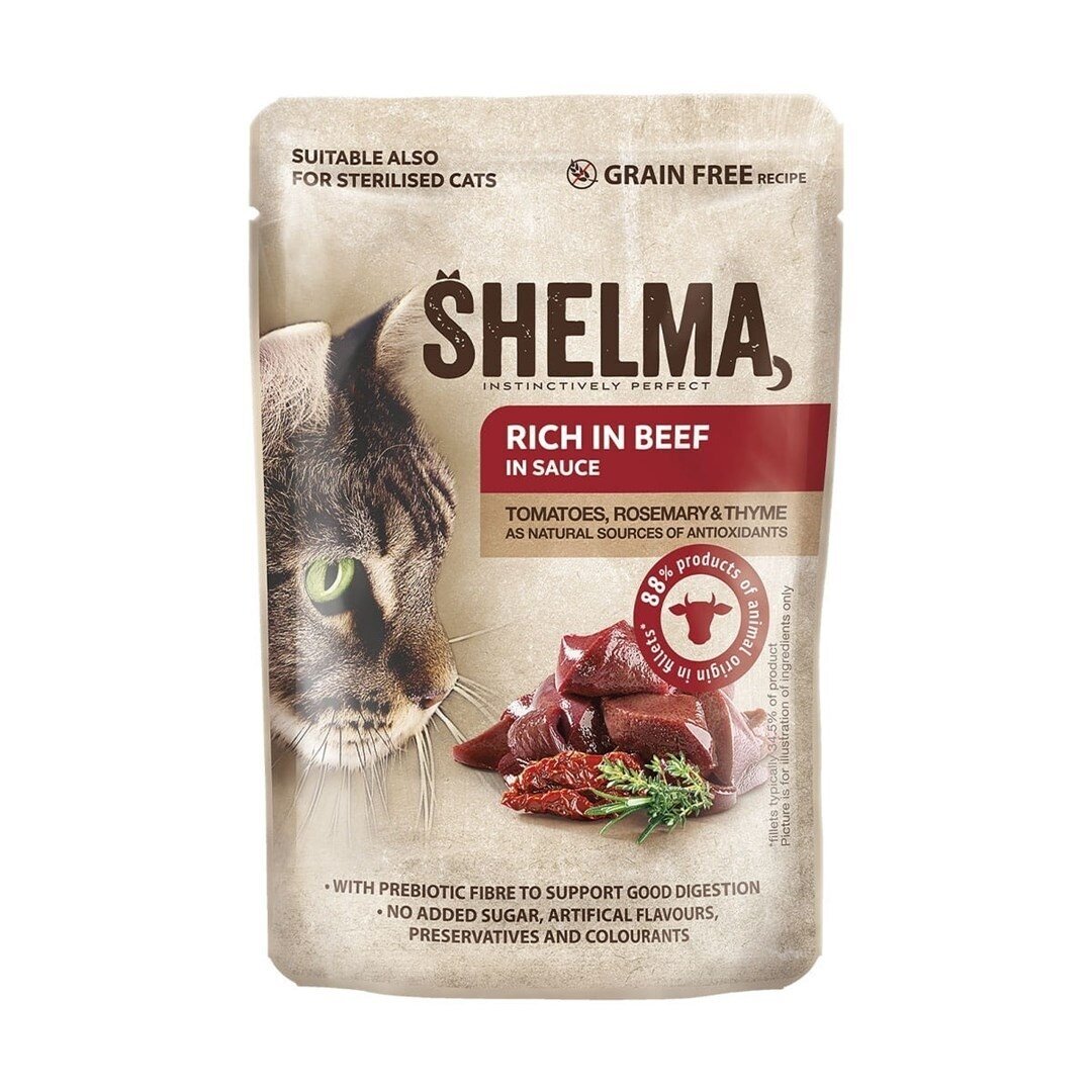 SHELMA – šlapias kačių ėdalas su vištiena, kalakutiena, jautiena ir antiena – 4 x 85 g 3